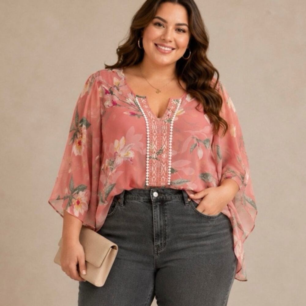 Belle by Kim Gravel Womens Blouse 2X Pink Chiffon Floral Bell Sleeves Flowy Top